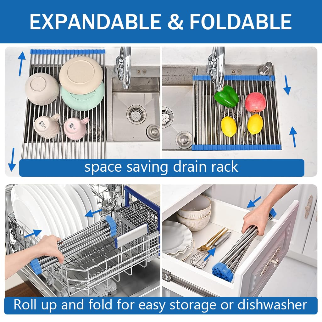 Supvox Dish Drying Mat for Kitchen Sink 20 x 13 in with 18 Rod Roll Up Stainless Steel Rack