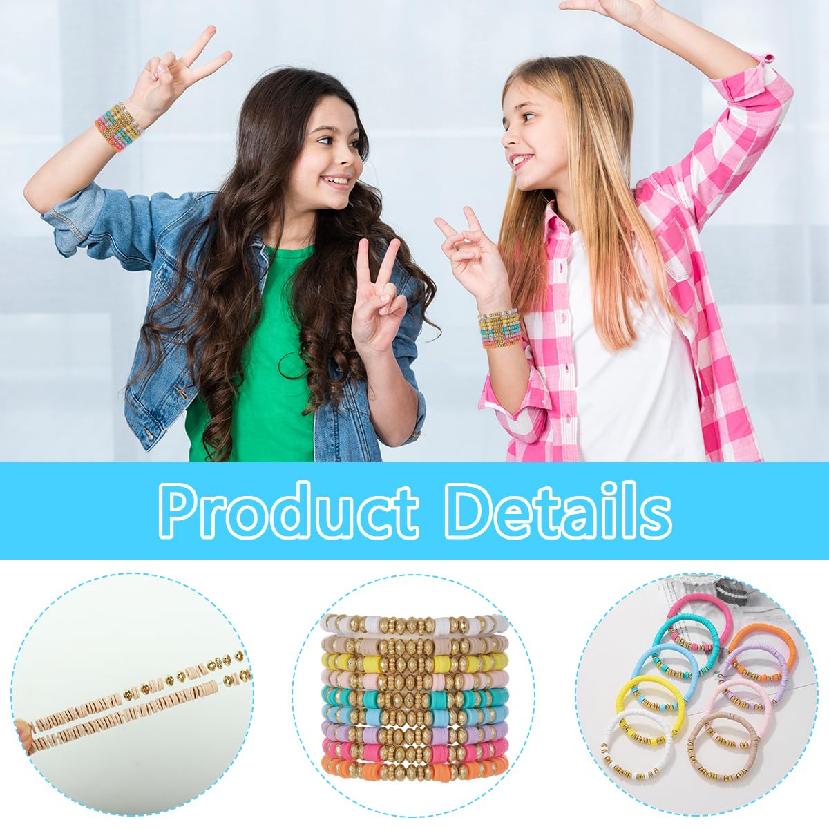 SANNIDHI Bracelet Set for Girls with Stretch Cord and Golden Beads | 9Pcs Clay Boho Jewelry
