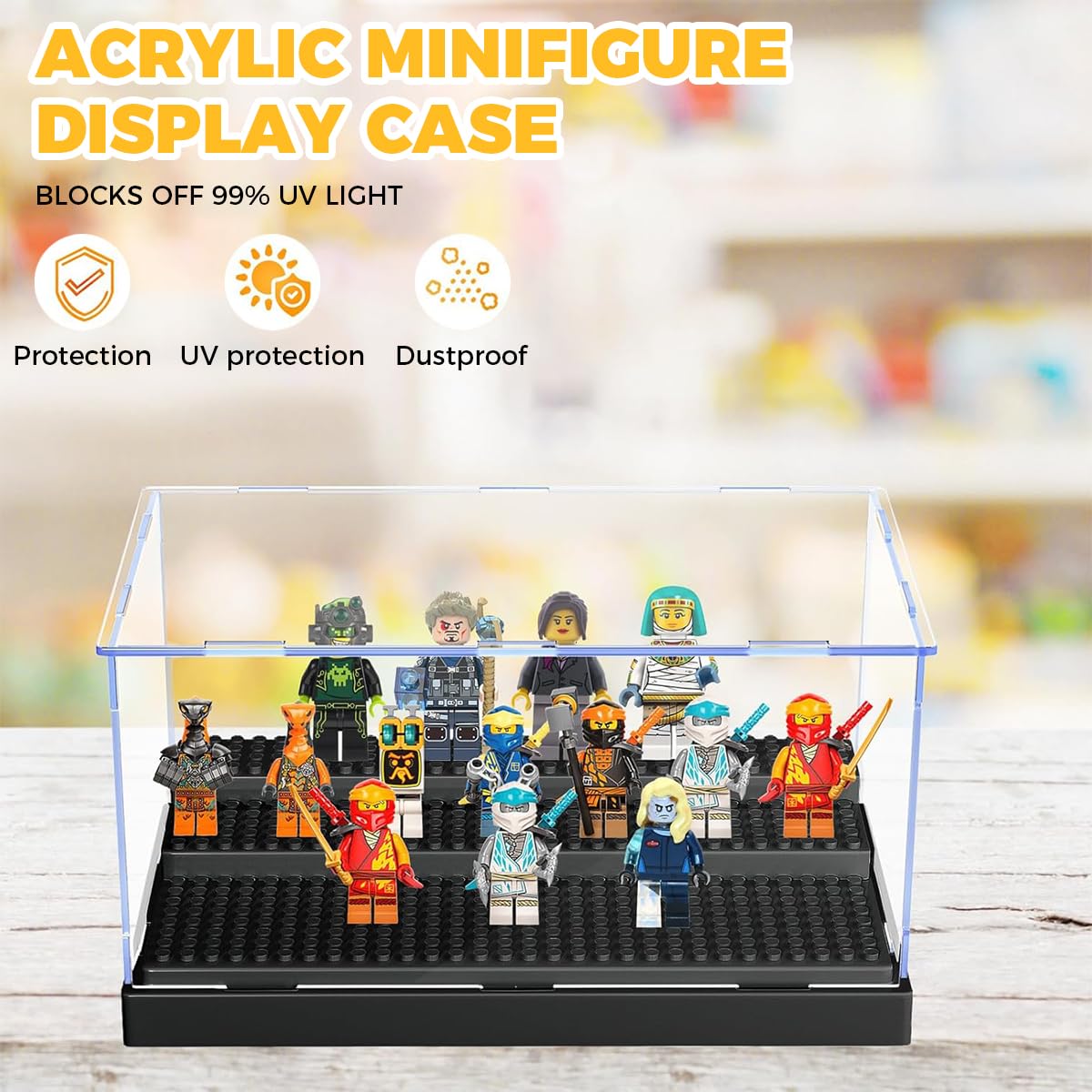 PATPAT Acrylic Display Box for 30–50 Minifigures featuring 3 Tier Stepped Studs Stand | 25.5×13.7×15.5 cm Transparent Dustproof Case