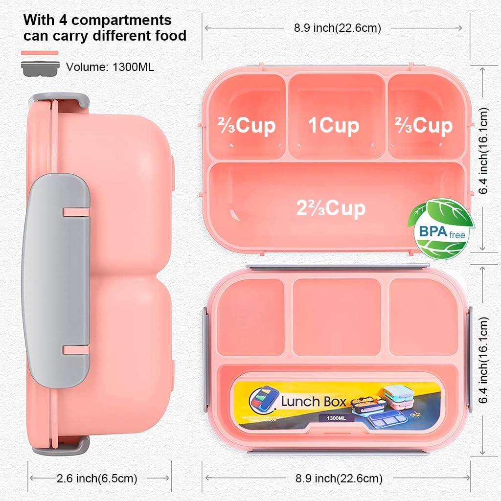 Supvox® Lunch Box for Kids School Bento Box for Kids 4 Compartments Bento Box Fruit Box for Kids to School, with 6 Cups, Kids Fruit Picks, Mini Sauce Box, School Lunch Box for Kids, Pink