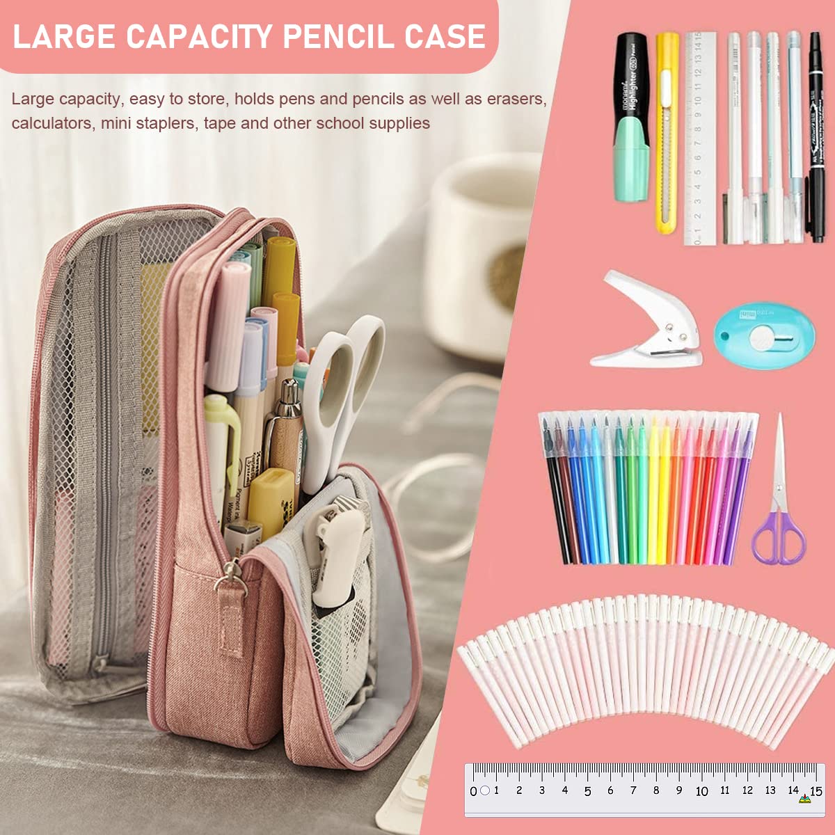 HASTHIP Pencil Case for School and Office with 8.3×4.1×2.4 in Large Capacity featuring Foldable Stand | Pink Canvas Pouch for Girls and Boys