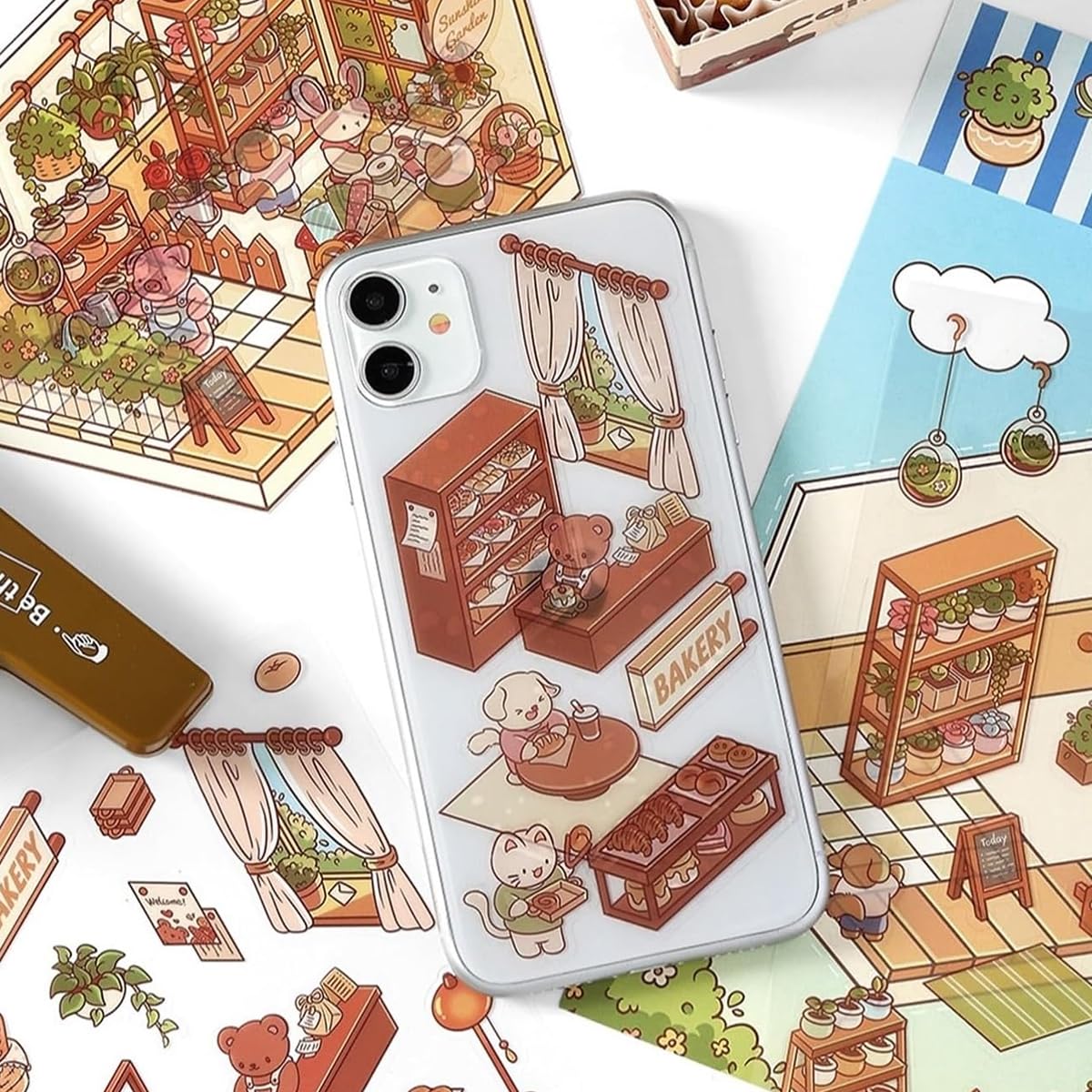 HASTHIP® 4 Sets DIY 3D House Stickers with Tweezer, Cute Cartoon Scene Stickers, Fun DIY Stickers Scene Make Your Own Supermarket Coffee Shop Restaurant Bookstore for Adult Kids Relief Stress