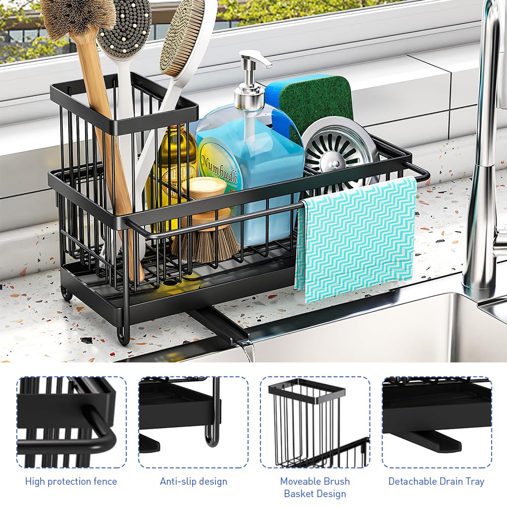 HASTHIP® Kitchen Sink Organizer - Sink Caddy with Brush Holder Self-draining Kitchen Sponge Caddy Organizer with Divider Stainless Steel Sink Accessories Storage for Countertop, Black 23x9x16cm