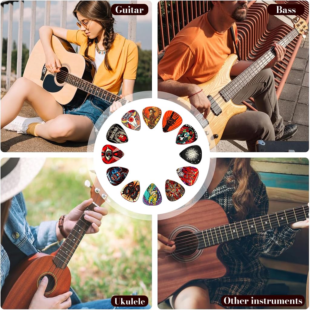 ZIBUYU Guitar Picks 12PCS for Electric Acoustic and Bass Guitars with 0.46mm 0.71mm 1mm Variety