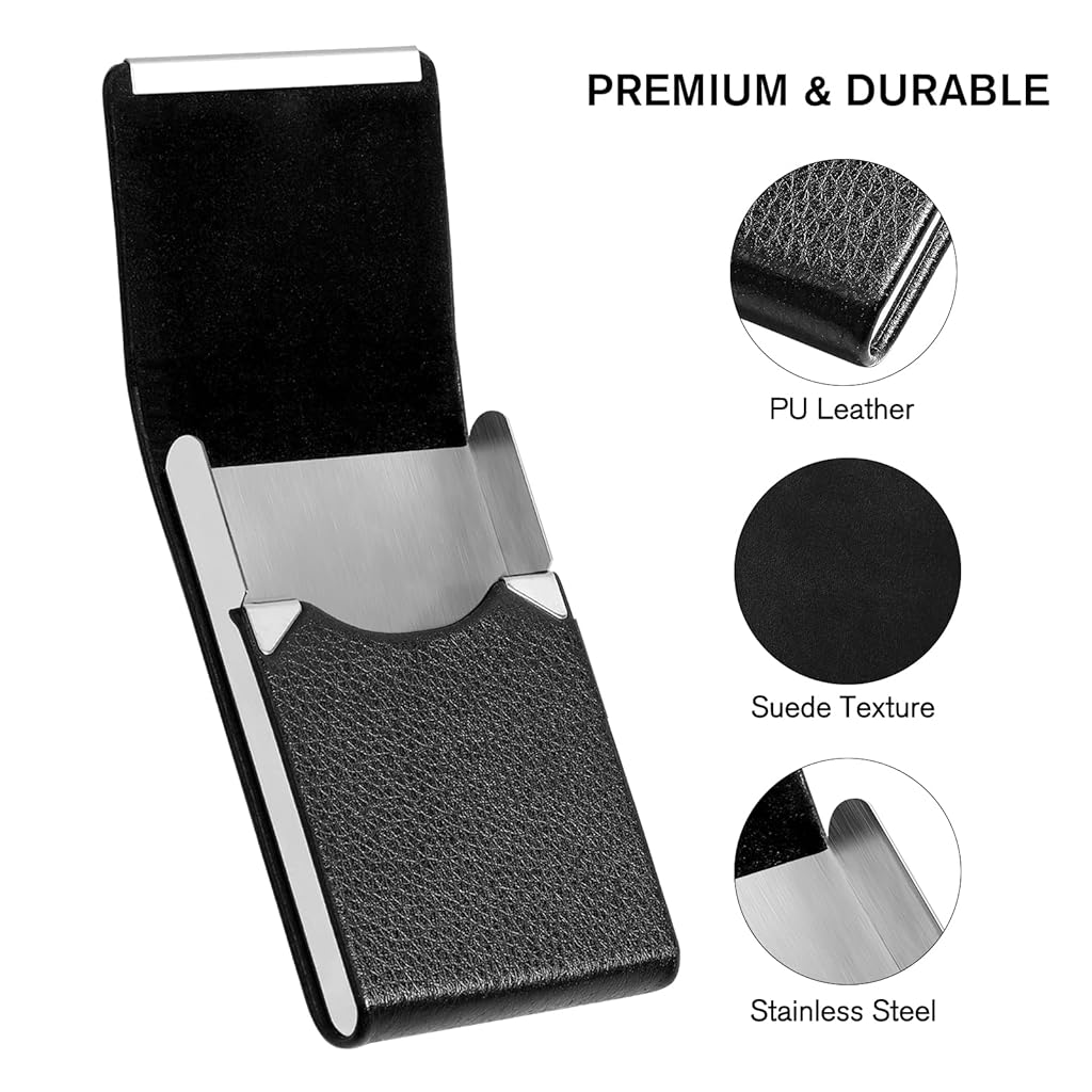 ZIBUYU® Business Card Holder Metal Visiting Case Classy for Women Men PU Leather Wallet with Magnetic Clasp 20 Cards 6x9.5cm Black 3PCS