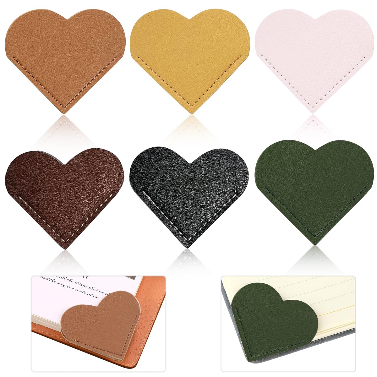 Climberty® Leather Heart Bookmark - 6Pcs Corner Page Book Marks for Women and Kids, Book Accessories for Reading Lover, Cute Handmade Book Reading Gift for Book Lovers (6 x 5.5 cm, Multi-Color)