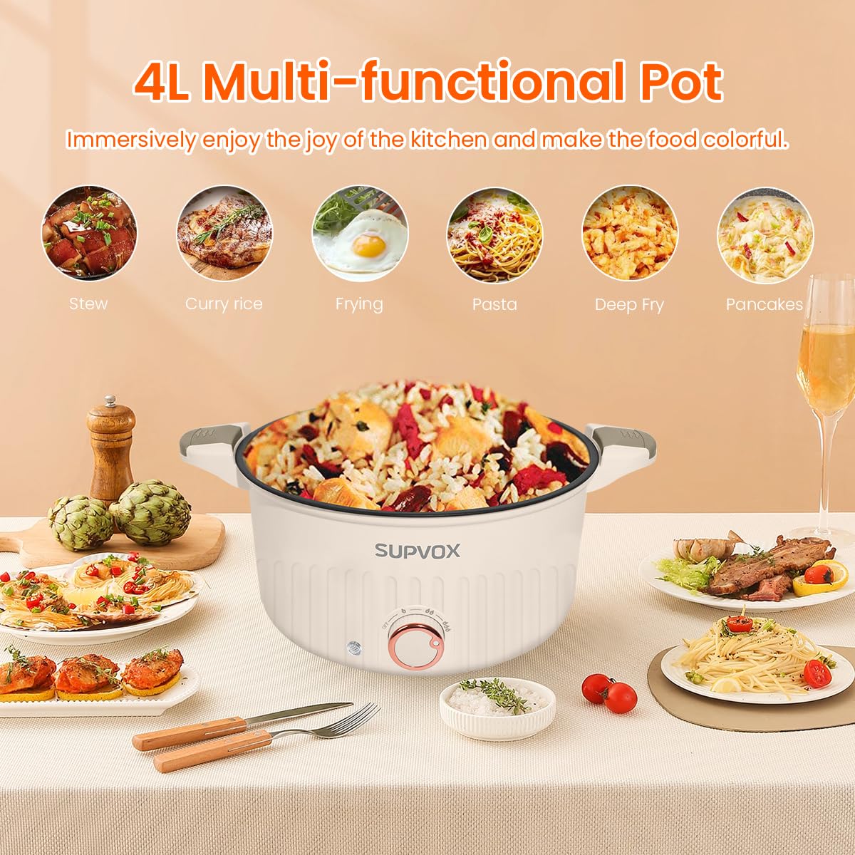 Supvox® Rice Cooker 4L Non-Stick Electric Cooker with Glass Lid & Wooden Spatula Multifunctional Electric Cooker Adjustable 1000W  Electric Kettle Electric Cooking Pot for Frying, Boiling, Hot Pot