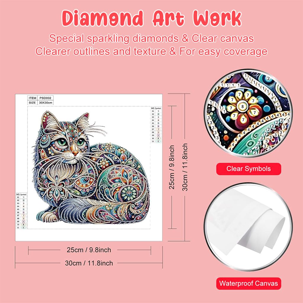 HASTHIP® 5D Diamond Painting Kit - Three-dimensional Diamond Painting, Aesthetic Dazzling Color Diamond Painting Home Decor DIY Diamond Painting Art Kit with Accessories and Tools, 12x12 Inches (Cat)