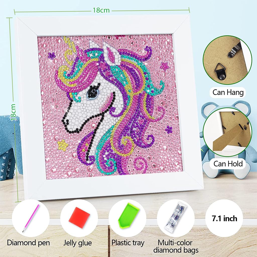 PATPAT DIY 5D Diamond Painting Kit for Kids with Frame and Tools 15×15cm | Rainbow Unicorn Art Craft Gift