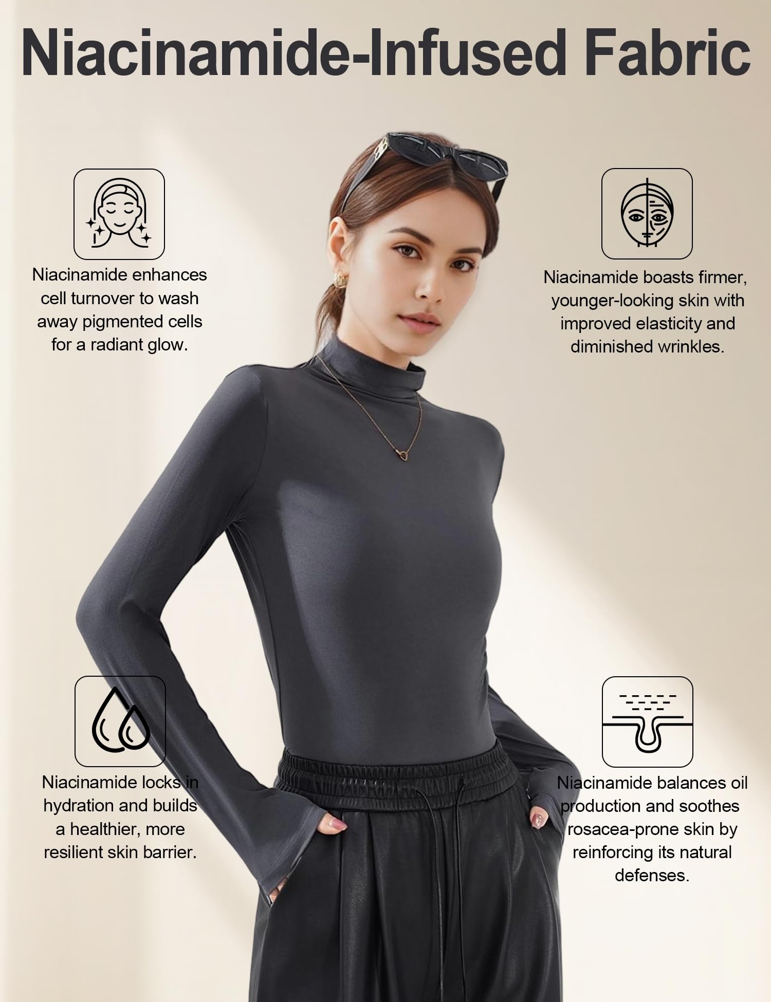 Venzina Women’s Long Sleeve Mock Neck Top for Layering with Stretch Fabric | Grey L