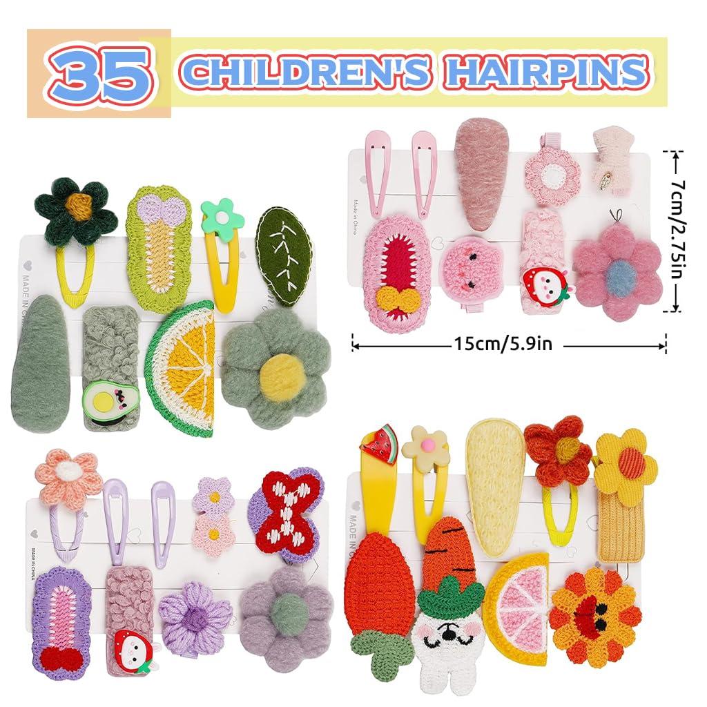 SANNIDHI Kawaii Girls Hair Clips for Kids with Handmade Crochet Cartoon Design | 35 Pcs Set