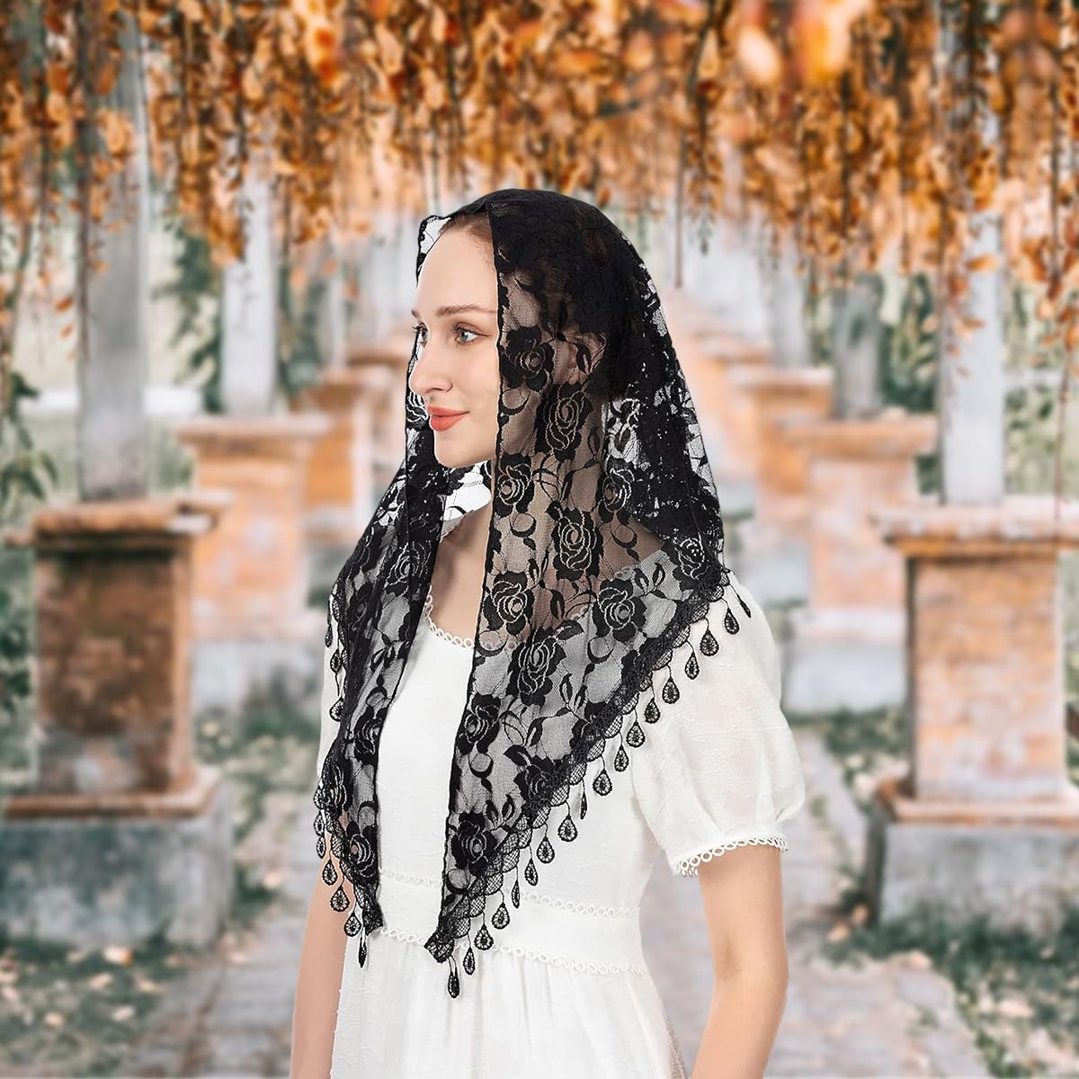 PALAY Triangle Lace Mantilla Veil for Church and Wedding featuring Rose Embroidery Tassel | 3PCS Black Set