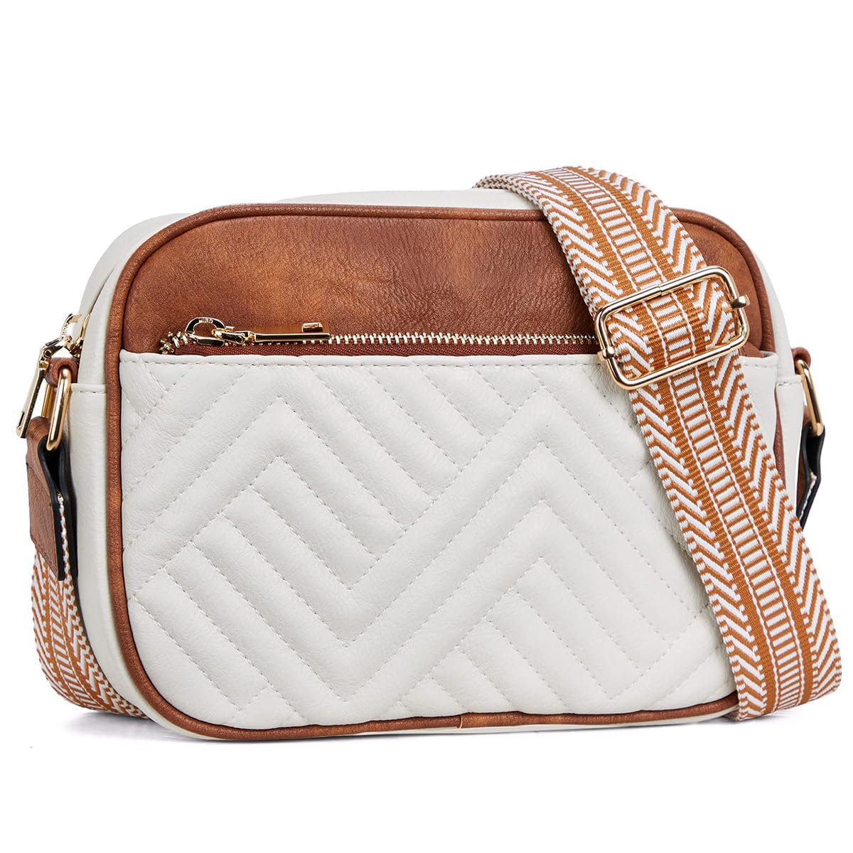 ZIBUYU Crossbody Bag Fashion PU Women Shoulder Bag Double Layer Sling Bag with Print Nylon Webbing Shoulder Strap Casual Phone Bag Day Bag, 8.7x2.2x5.9inches