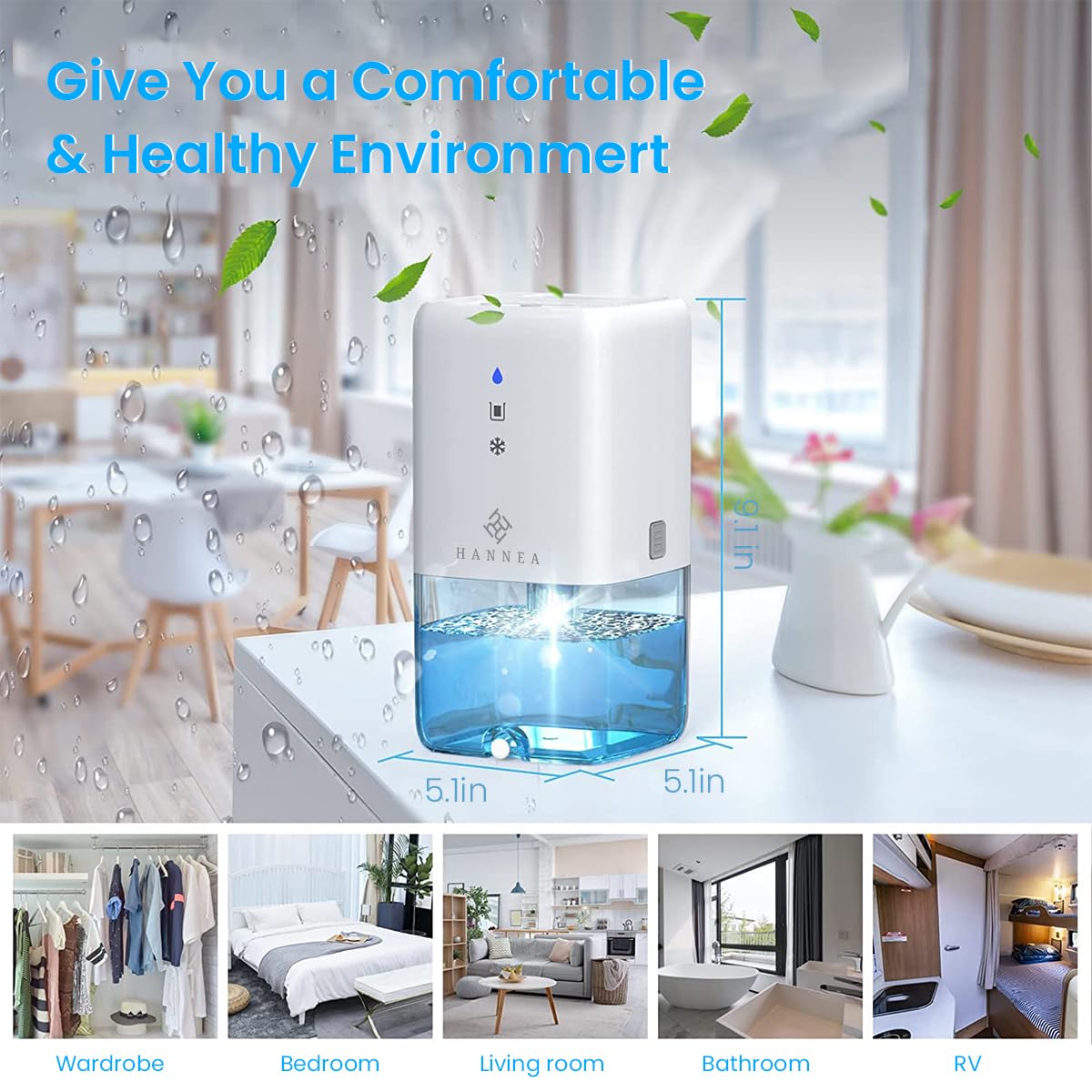 HANNEA Dehumidifier for Home and Bedroom with 1.2L Tank and Dual Drainage System | Quiet 40dB Operation