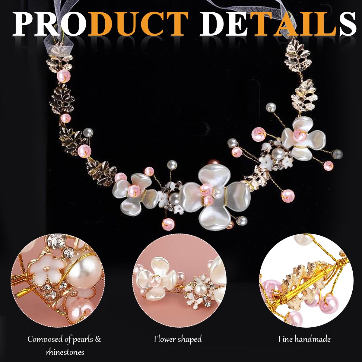 SANNIDHI Flower Tiara for Weddings with Pearl and Ribbon Tie Gold Metal Crown | 3 PCS Set