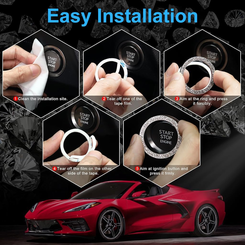 STHIRA Crystal Double Rhinestone Car Push Start Button Cover 6PCS for Women | Interior Decoration