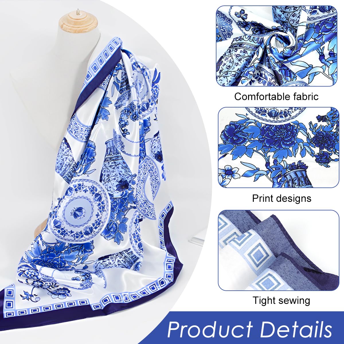 SANNIDHI Silk Scarf for Women 35x35 in featuring Blue Floral Print and Soft Satin Fabric | Versatile Neck Hair and Bag Accessory