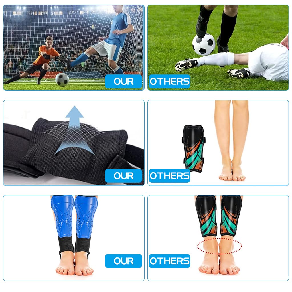 Proberos Football Shin Guard for Kids with EVA Cushioning and Ankle Support | Blue Adjustable Fit 8–13 in