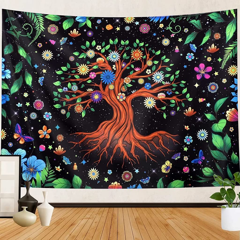 HASTHIP® UV Luminous Tree of Life Tapestry, Fantastic Flowers Tapestry Glow In The Dark, UV Reactive Black Light Tapestries Posters Wall Hanging for Bedroom Dorm Living Room Decor (51inch x 59inch)