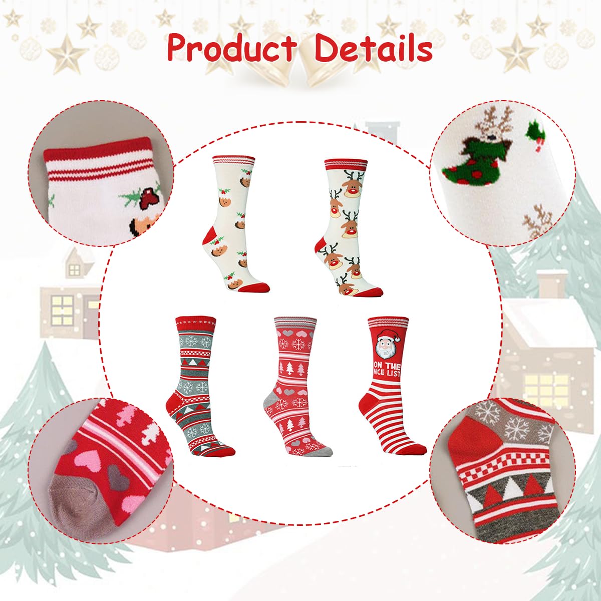 GUSTAVE® 5 pcs Christmas Socks for women, Winter Socks for Women Cute Cotton Knit Socks, Christmas Gifts