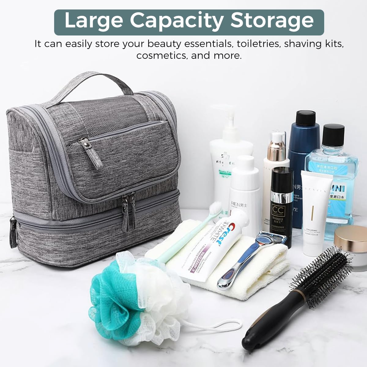 ZIBUYU® Toiletries Bag for Travel Men, Women Waterproof Toiletry Organizer Bag for Travel Cosmetics Makeup Bag, Double Layer Hanging Wash Bag Makeup Organizer, Toiletry Bag for Travelling Pouch - 1