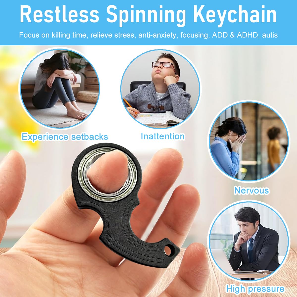 Zibuyu Key Chain for Anxiety Relief with Glow in the Dark Whirling Metal Charm | Gift for Men and Women