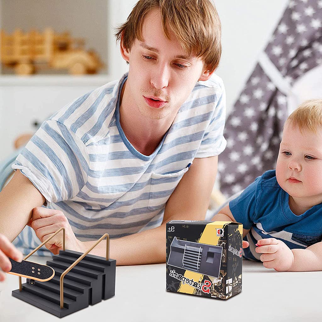 PATPAT Fingerboard Rail Park Stair Kit for Tabletop Tricks with Handrails and Mini Skateboard | 5.6x5.6x2.76 in Black Toy for Kids 9+