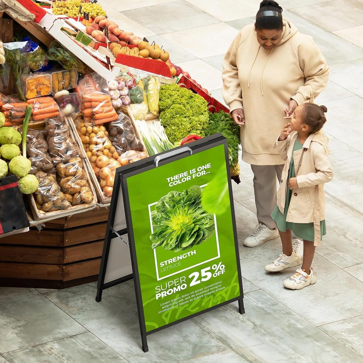 OFIFO Floor Sign Display Stand for Shops and Events with Folding Triangle Frame | 23.6x27.5 in Metal Design