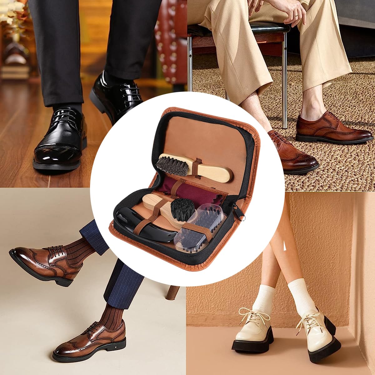 HASTHIP Shoe Care Kit for Leather Shoes featuring 7 Piece Set with Curved Horsehair Brush