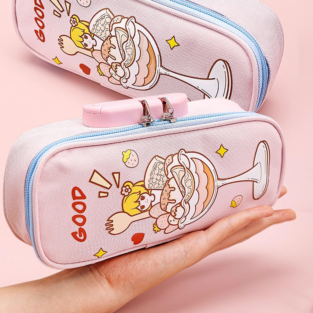 HASTHIP Large Capacity Pencil Case with Combination Lock and Waterproof Pink Oxford Cloth for School | Holds up to 80 Pens