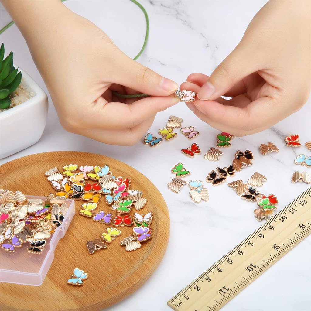 MAYCREATE Butterfly Charms for Jewelry Making featuring 50pcs Enamel Pendants with Hanging Hole Design