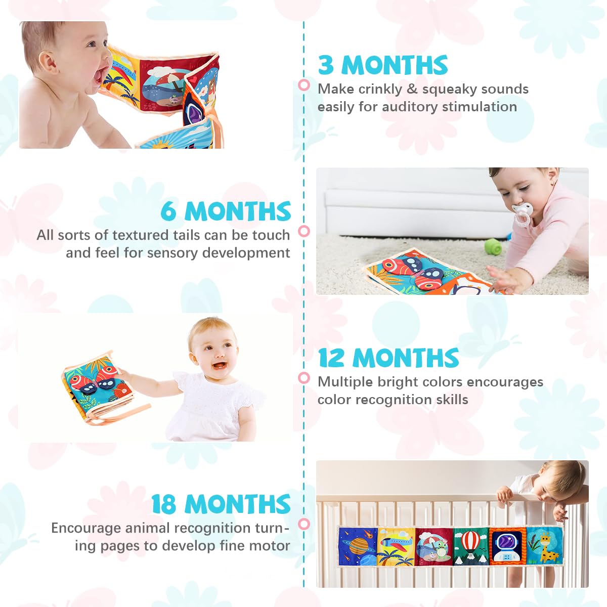 SNOWIE SOFT Butterfly Cloth Book for Baby with Mirror and 3D Sensory Elements 78x14cm | Washable Visual Stimulation Toy