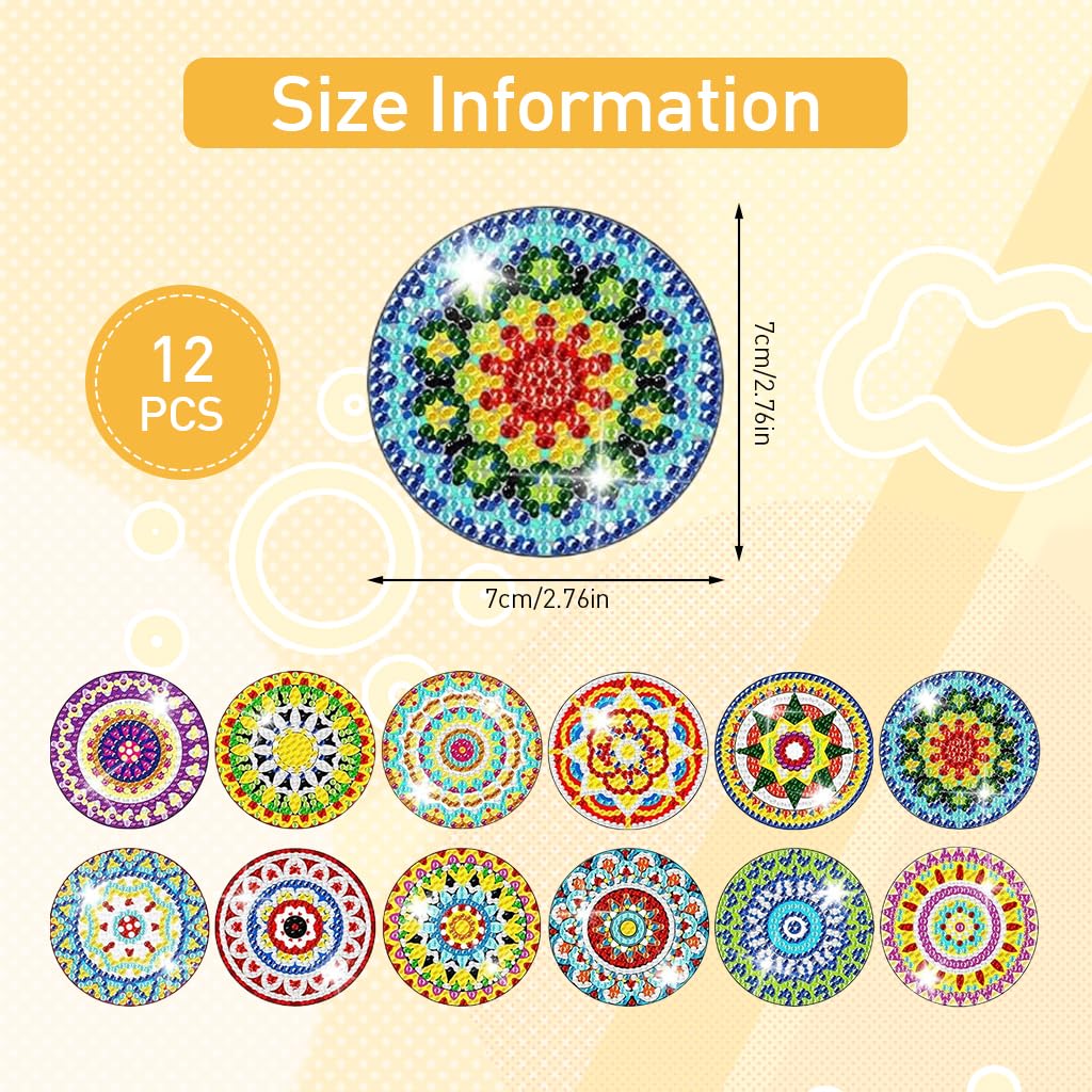 HASTHIP® DIY Diamond Painting Art Kit Set of 12 Sparkling Mandala Style Color Diamond Fridge Magnets Home Decor Stylish DIY Diamond Painting Fridge Magnets with Tools DIY Gift