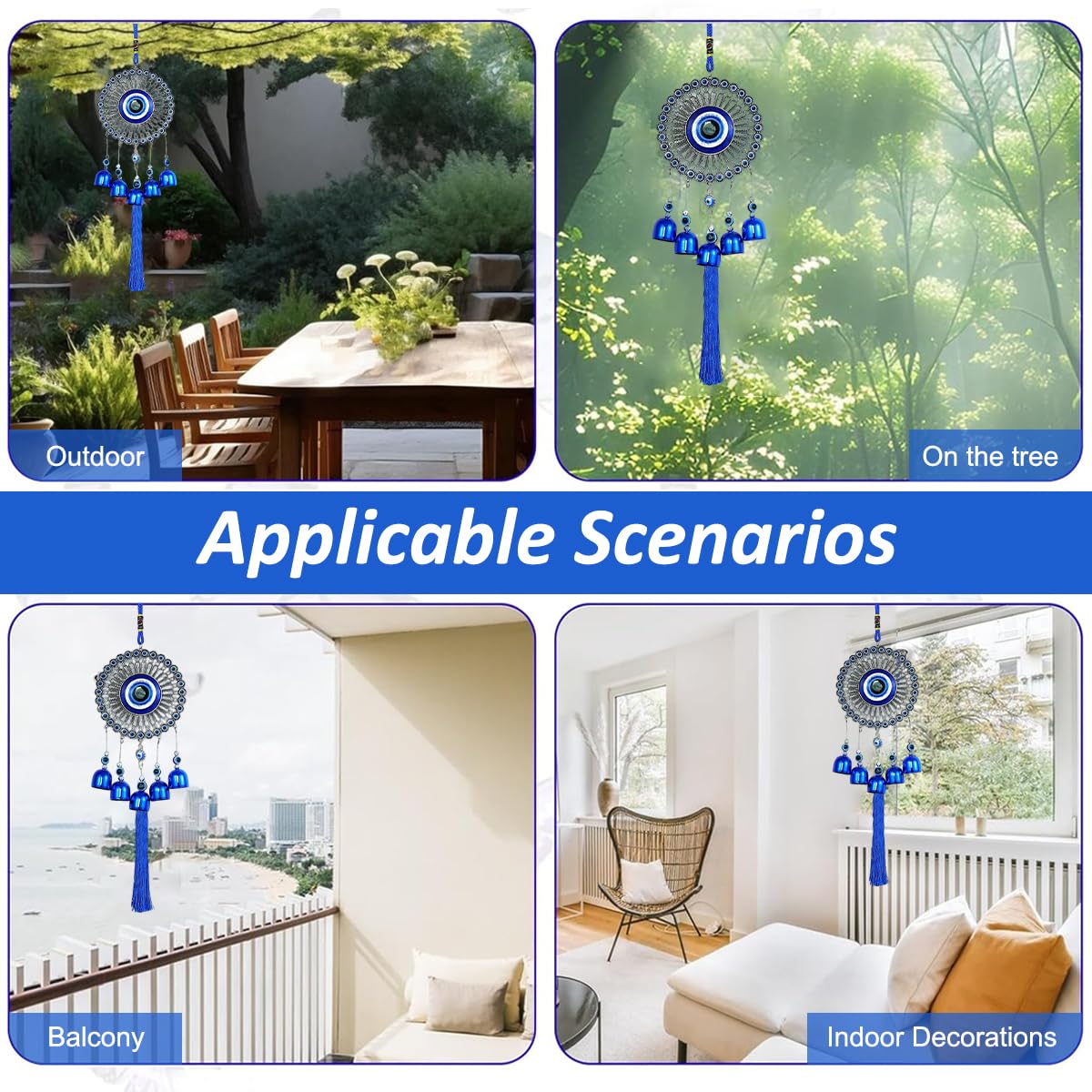 ZIBUYU Blue Evil Eye Hanging Ornament for Home and Car with Metal Frame & Glass Amulet | Decorative Wall Charm for Protection and Good Luck