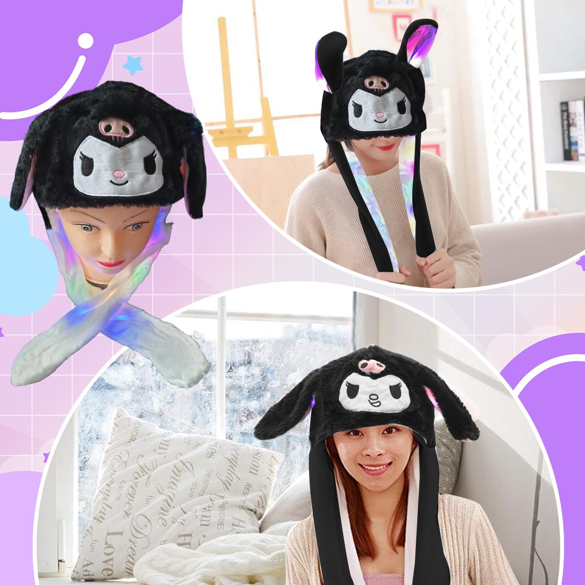 PATPAT® Kawaii Winter Hat for Girls Sanrio Cartoon Kuromi Plush Winter Hat Plush Fun Moving Ear Kuromi Hat Christmas Gift for Girls