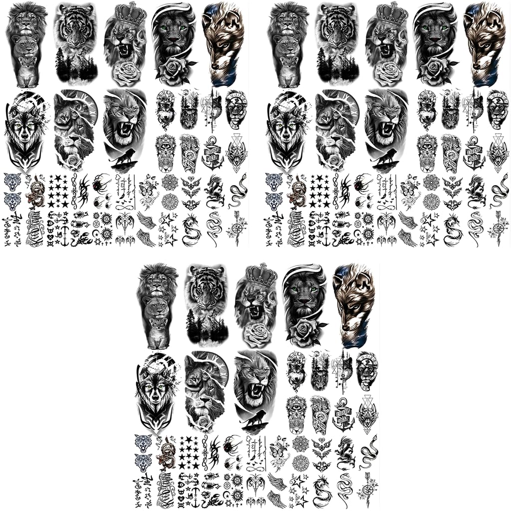 MAYCREATE Temporary Tattoo Stickers for Men with 38 Sheets Waterproof Designs | 114 pcs Assorted Set