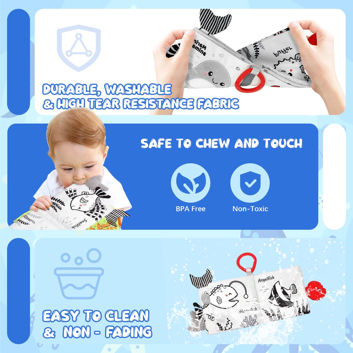 SNOWIE SOFT Dolphin Cloth Books for Babies with 3D Touch Feel Washable Non Toxic Fabric | 2PCS