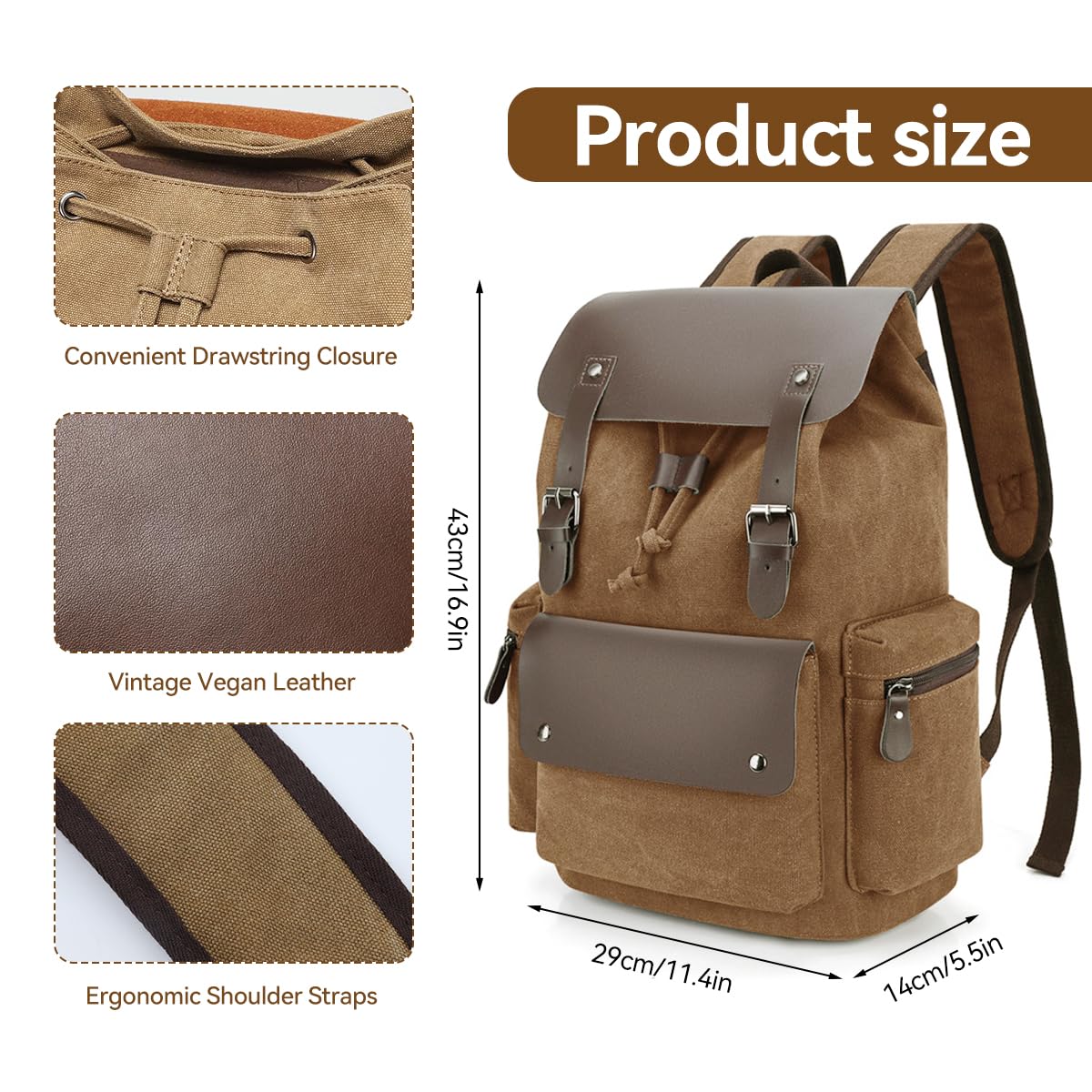 ZIBUYU® Travel Backpack Fashion Brown Vintage Canvas Backpack for Men Women Backpack Business Laptop Backpack Multi Purpose Backpack for Travel, Office, School