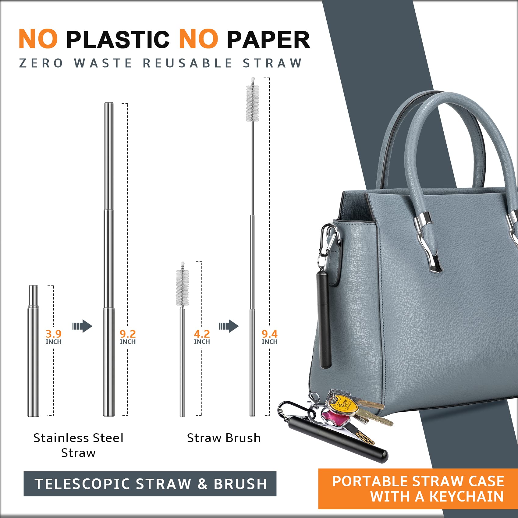 HASTHIP Portable Travel Utensils Set for Camping and Office with Zipper Case and Straw | Reusable Stainless Steel Flatware in Black