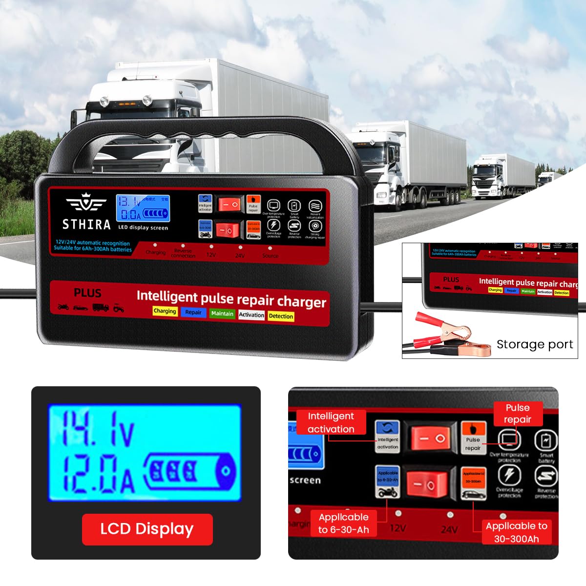 STHIRA Intelligent Pulse Battery Charger for 12V and 24V Lead Acid Batteries | LCD Display and Auto Shut Off