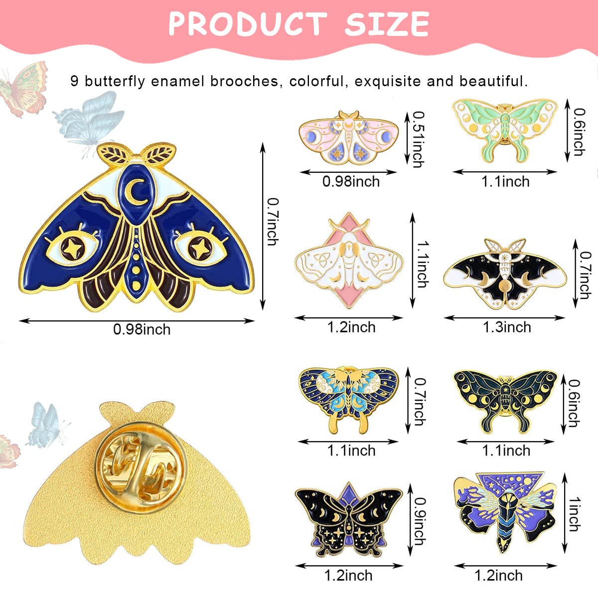 Venzina Butterfly Enamel Brooch Pins for Clothes Scarf and Backpack DIY Craft Set of 9