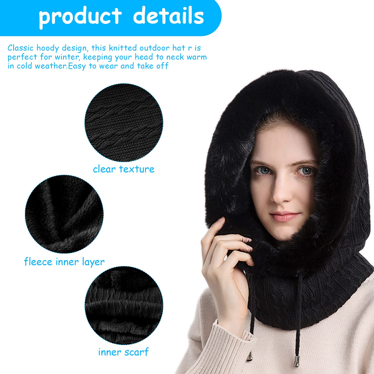 PALAY® Winter Cap for Women One-piece Knitted Warm Winter Hat with Neck Warmer Hood Scarf & Mask, Fashion Snow/Wind Proof Soft Fleece Lined Scarf Hat for Outdoor Riding Skiing (Black)