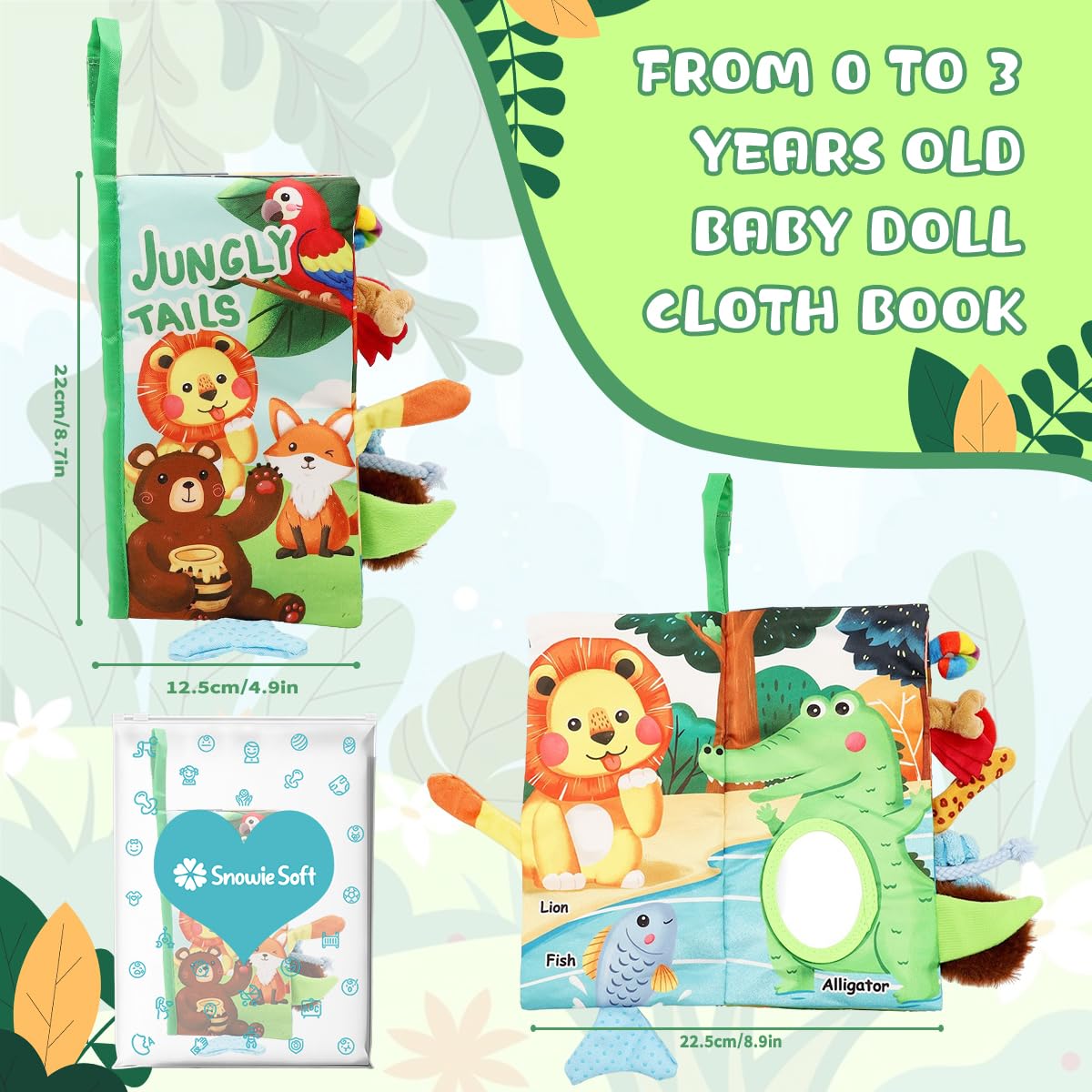 SNOWIE Soft Jungle Tails Cloth Book for Babies 6–12 Months with 12 Textures & Crinkle Sound