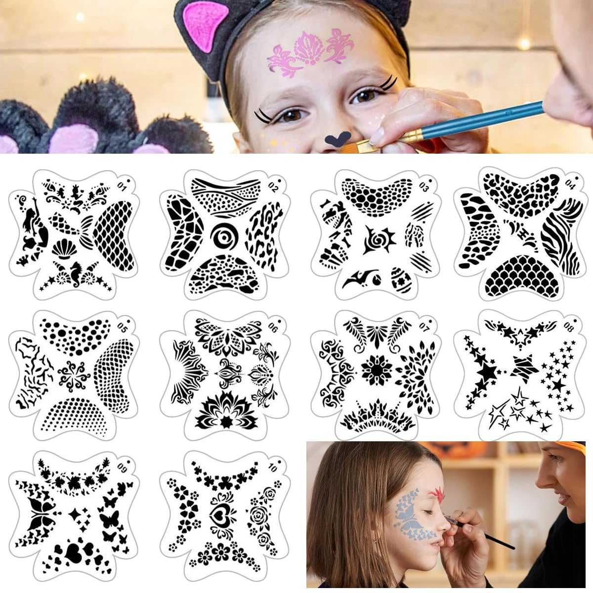 MAYCREATE Face Paint Stencils for Party and Halloween Makeup with 10 Plastic Sheets | Mermaid Butterfly and Mandala Designs