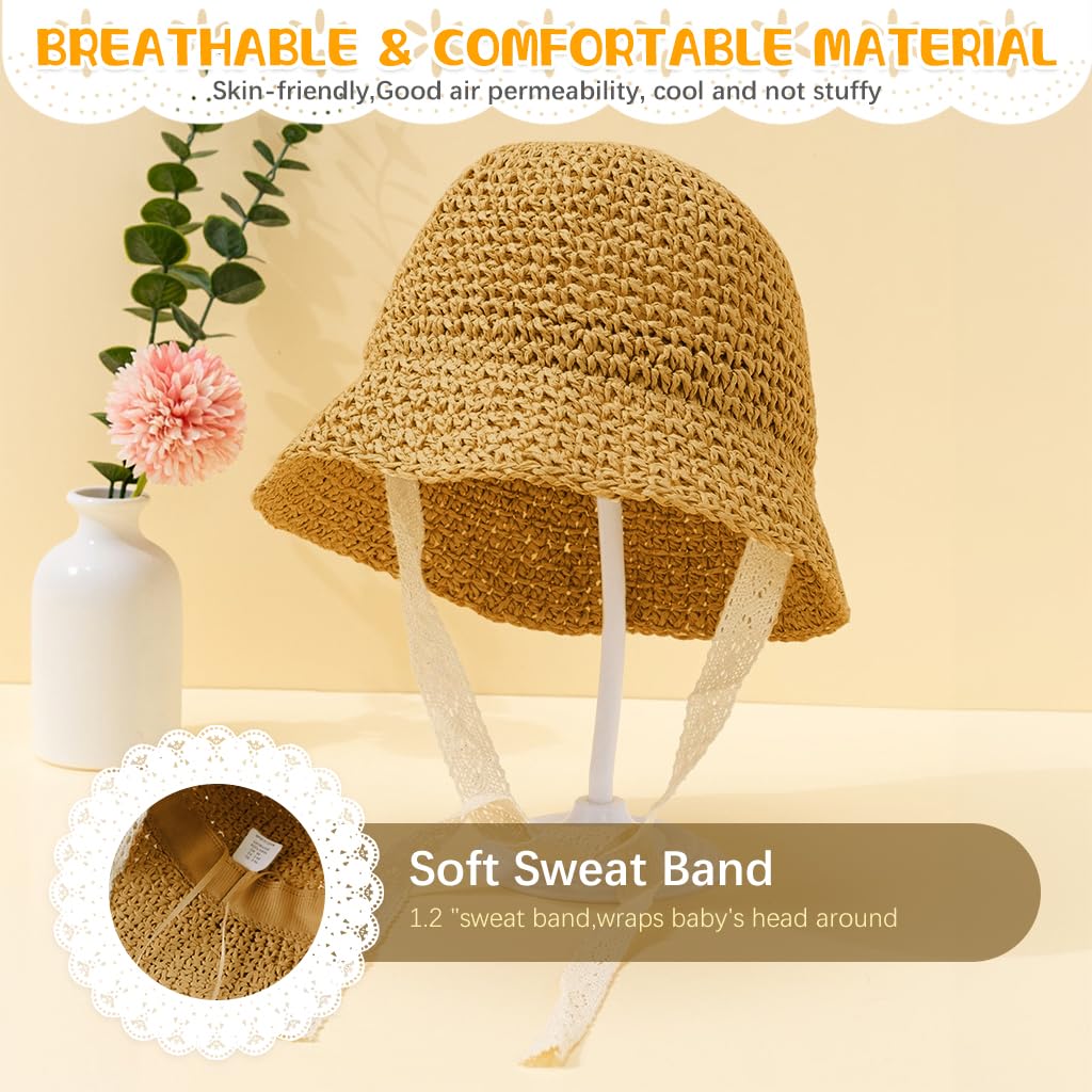 SNOWIE SOFT Baby Straw Hat for Summer with UPF 50+ and Lace Chin Strap | Round Bronze