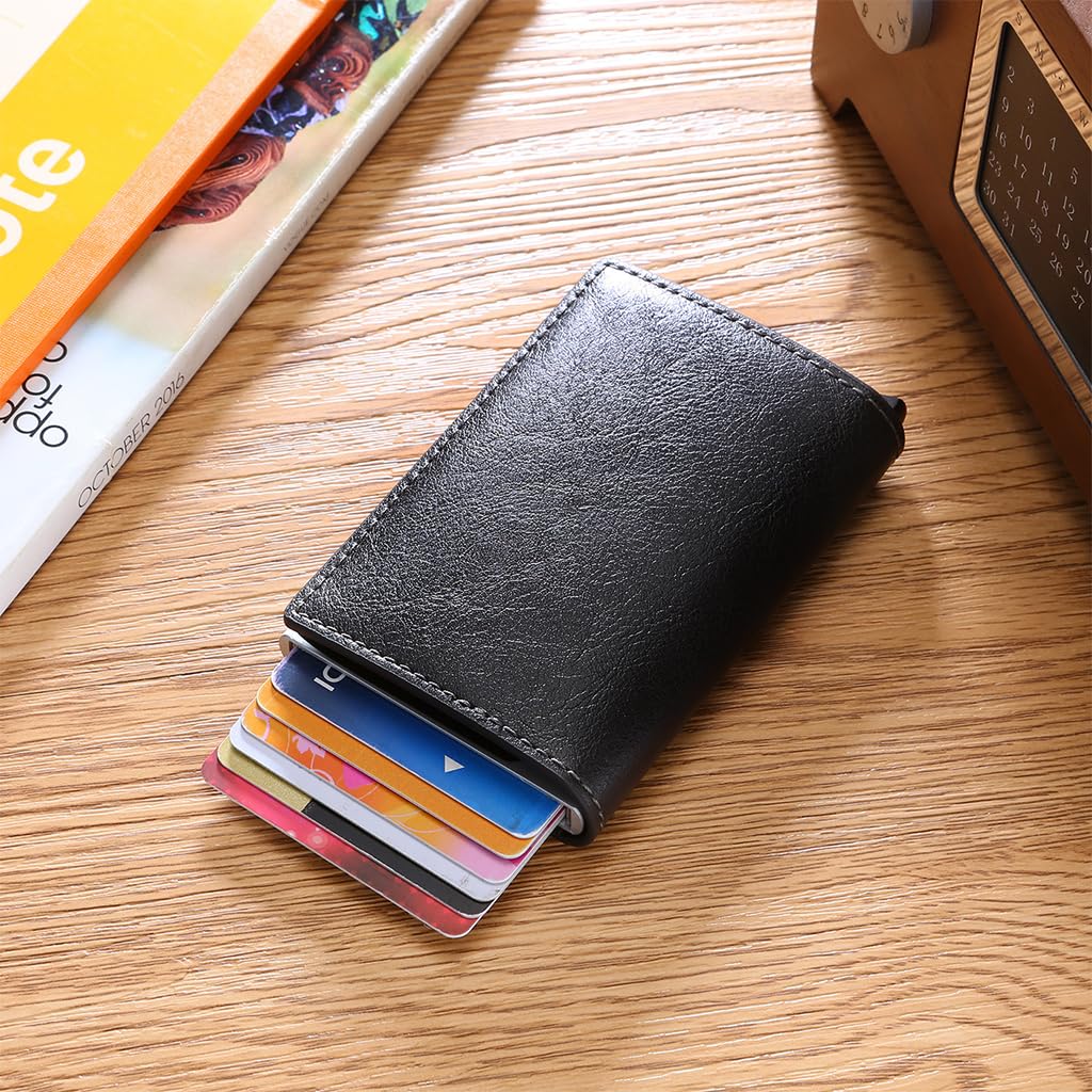 Zibuyu Slim Wallet for Men featuring pop up aluminum chamber with RFID blocking | black PU leather 3.74×2.55×0.59 in design
