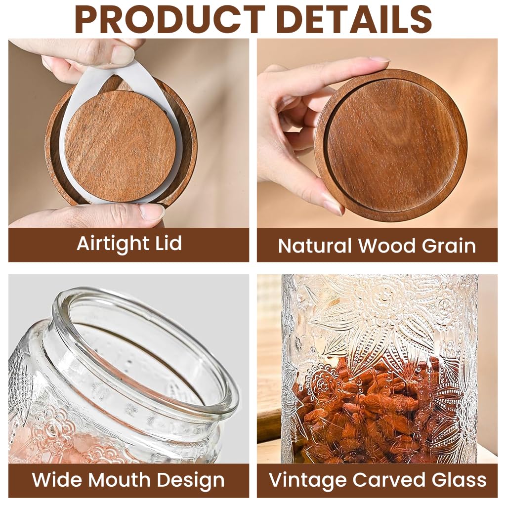 HASTHIP Mason Jar for Kitchen Storage with Airtight Wooden Lid and 24oz Glass Design | Vintage Embossed Food Container