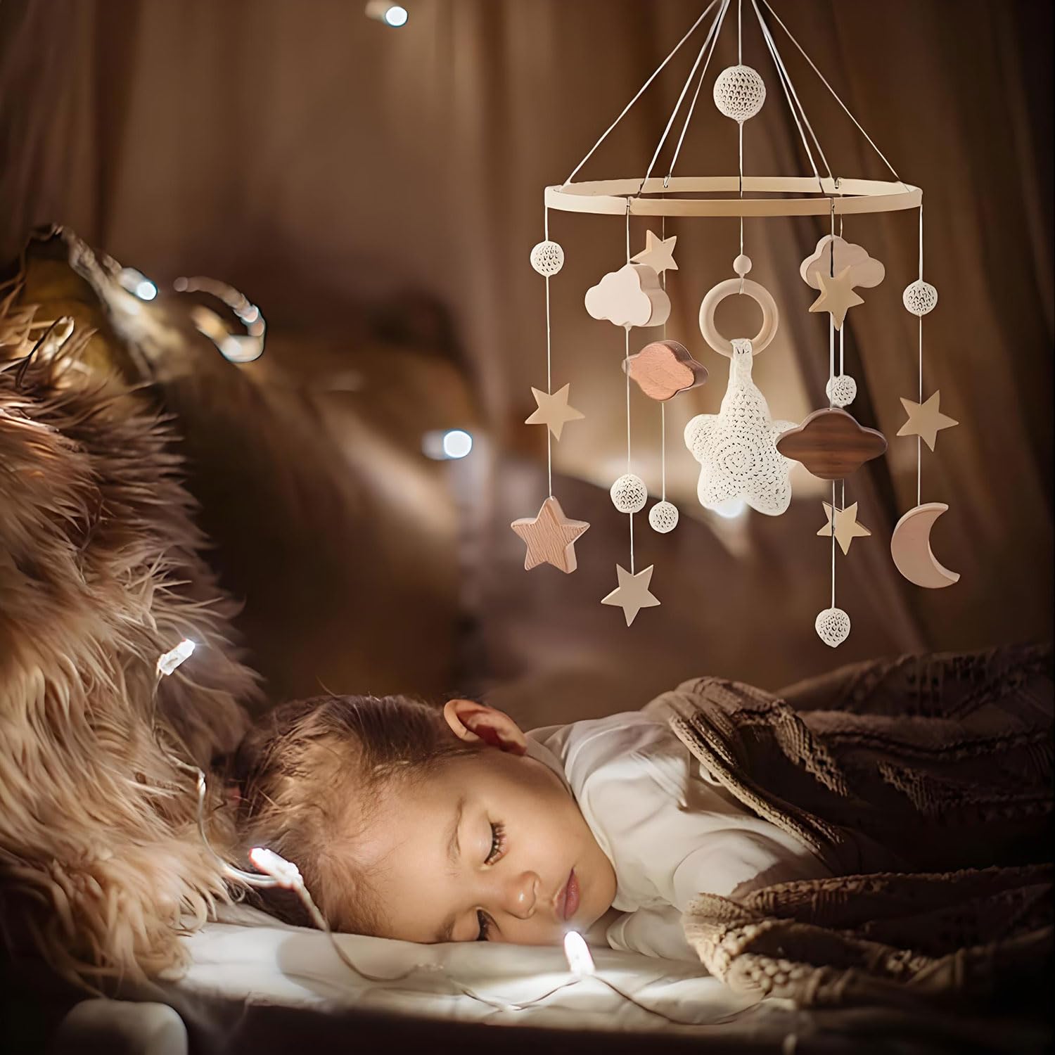 SNOWIE SOFT Baby Crib Hanging Toy with Wooden Charms for Nursery Decor and Soothing Calm
