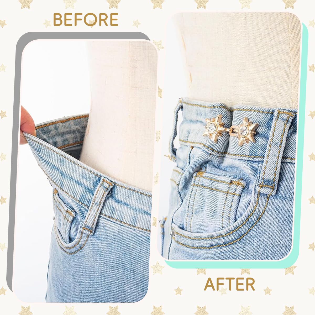SANNIDHI Jeans Waist Adjusters for Women with Star Rhinestone Buttons 4 Pairs | No Sew Alloy Clips