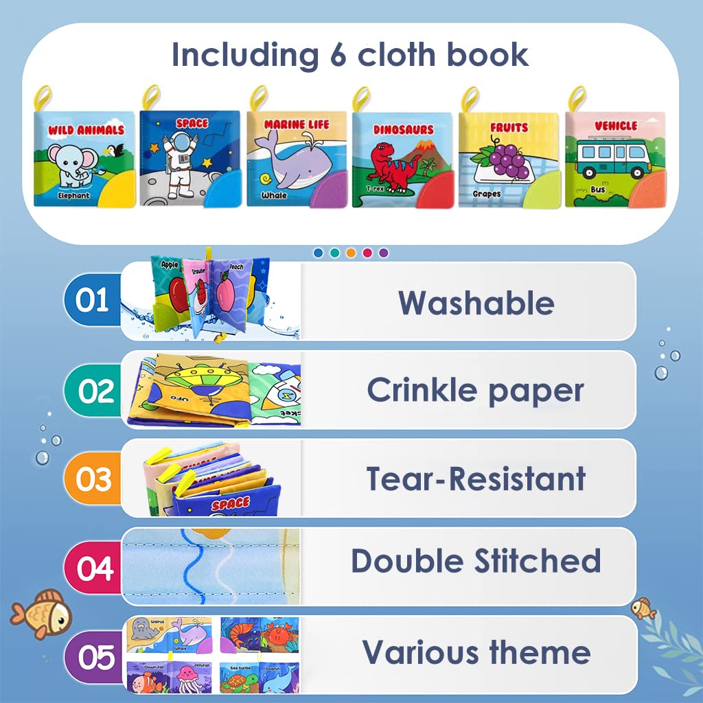 SNOWIE SOFT® 6 Baby Cloth Book Set with Silicone, Skin Friendly Baby Book,Educational Baby Book Baby Gift Toy for Baby Toddler 3-12 Months